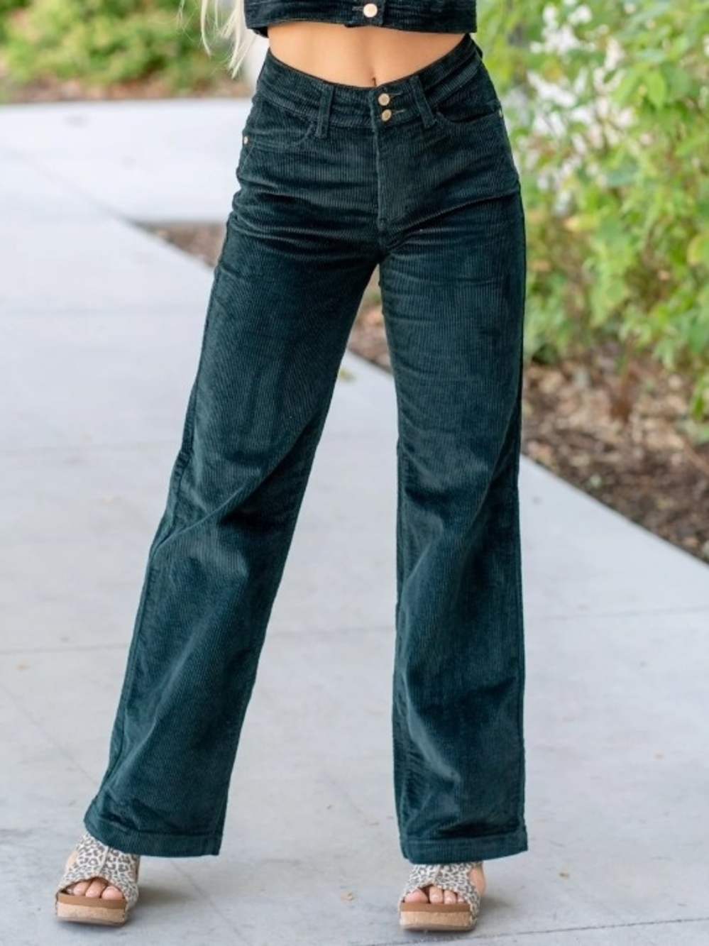 High-Waist Wide-Leg Corduroy Jeans - Dark Green